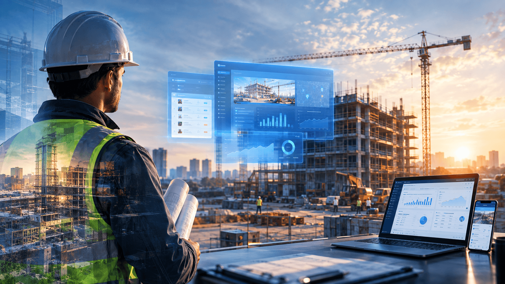 Un conducteur de travaux, plans sous le bras, consulte des tableaux de bord devant un chantier au coucher du soleil