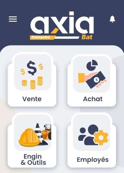 Écran d’accueil de l’application mobile AXIA Bat